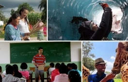 Collage of four images of students studying, teaching and researching abroad.