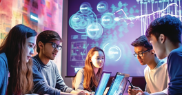 A group of students works together around a table. Image created by GenAI. 