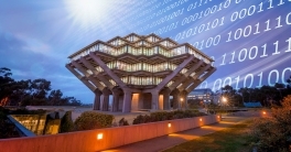 Geisel Library with code in background.