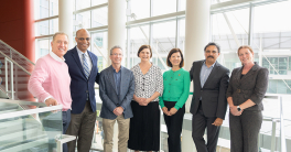 From left, Matthew Jenusaitis, MD, Chief Administrative Officer for UC San Diego Health; John M. Carethers, MD, Vice Chancellor for Health Sciences; Jeffrey Settleman, Senior Vice President, Chief Scientific Officer, Oncology Research and Development, Pfizer; Diane M. Simeone, MD, Director of Moores Cancer Center; Elena Martinez, Associate Director of Population Science at Moores Cancer Center; Jesse Nodora, Associate Director of Community Outreach and Engagement at Moores Cancer Center; and Kelly Farrell, Head of Business Operations, Oncology Research and La Jolla Affairs Site Lead for Pfizer.