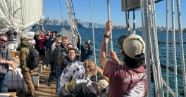 Students enrolled in Professor Hanna’s Age of Sail history course serve as the laboring crew aboard the tall ship Californian in San Diego Bay.
