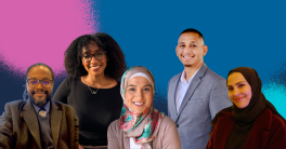 individual images of five people superimposed on a blue, turquoise and magenta background