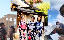 A collage of images of students studying abroad in Global Seminars, having a class next to an ancient temple in Greece, posing in traditional clothing in Japan and writing on top of a high mountain in Switzerland.