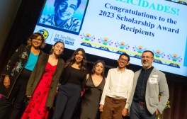 César E. Chávez scholarship recipients pictured alongside Becky Pettit, vice chancellor for Equity, Diversity, and Inclusion and Omar Padilla, associate director of academic initiatives at the Raza Resource Centro.