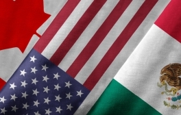 Closeup of the flags of Canada, United States and Mexico. 3D rendering with detailed textured grunge effect on closeup.