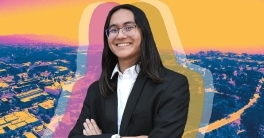 Portrait of John Paculdo Koenigshofer with a background image of the university