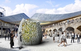 Student scientist in lab coat hold green vial with protective gloves.