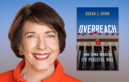 Susan Shirk and the cover of her book Overreach: How China Derailed Its Peaceful Rise.