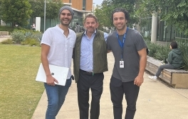 AquilX co-founders Farshad Tehrani (left) and Hazhir Teymourian (right) stand with their mentor, UC San Diego Professor Joseph Wang.
