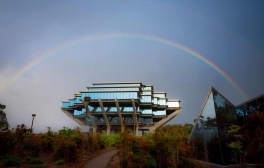 Geisel Library with rainbow in the background. Photo by Erik Jepsen/University Communications.