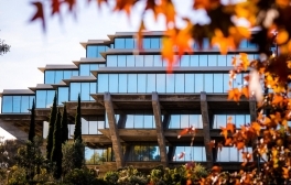 Geisel Library with fall foliage.