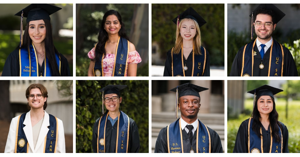 Collage of all the Commencement student speakers in graduation caps and gowns 