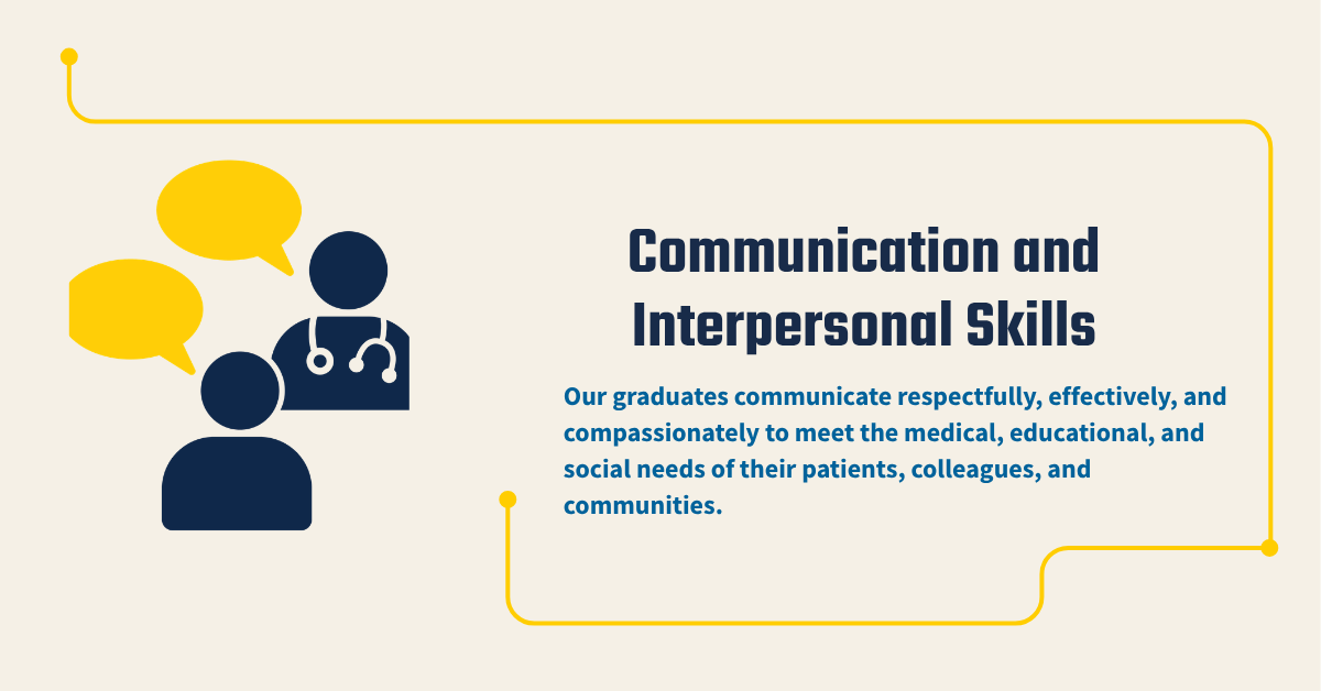 Communication and Interpersonal Skills:  Our graduates communicate respectfully, effectively, and compassionately to meet the medical, educational, and social needs of their patients, colleagues, and communities.