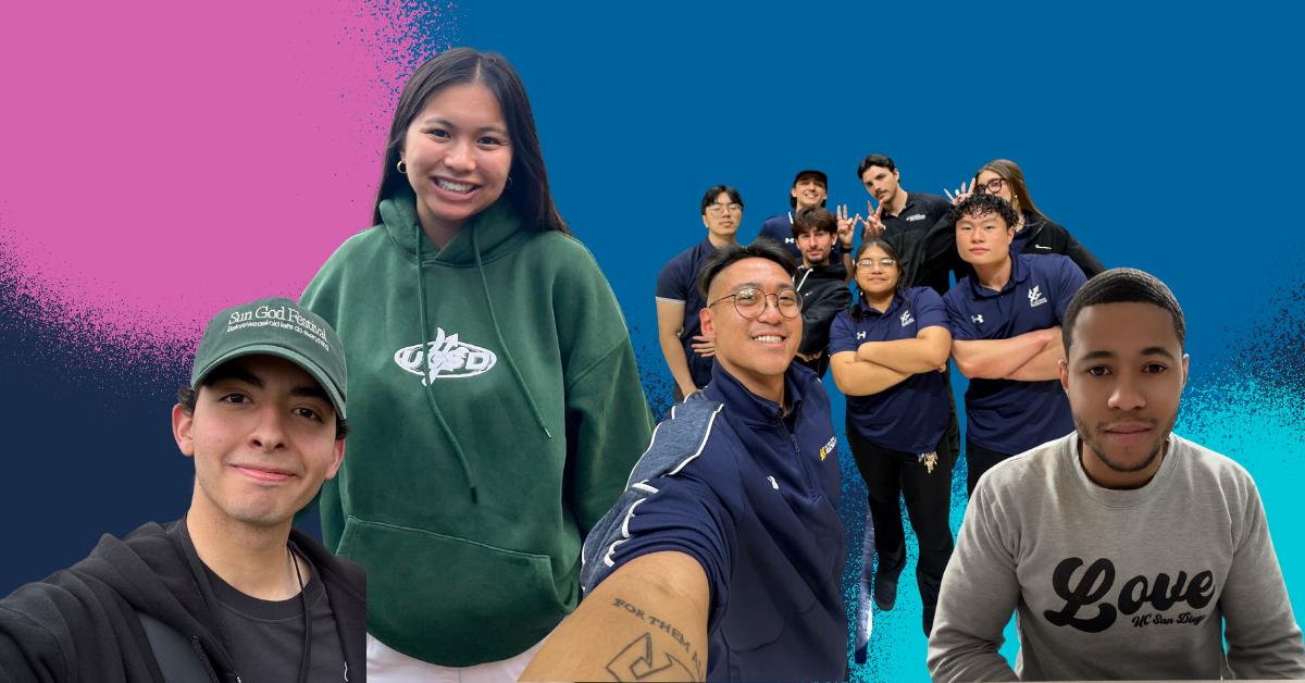 photos of five different students overlaid over a graphic of colored circles