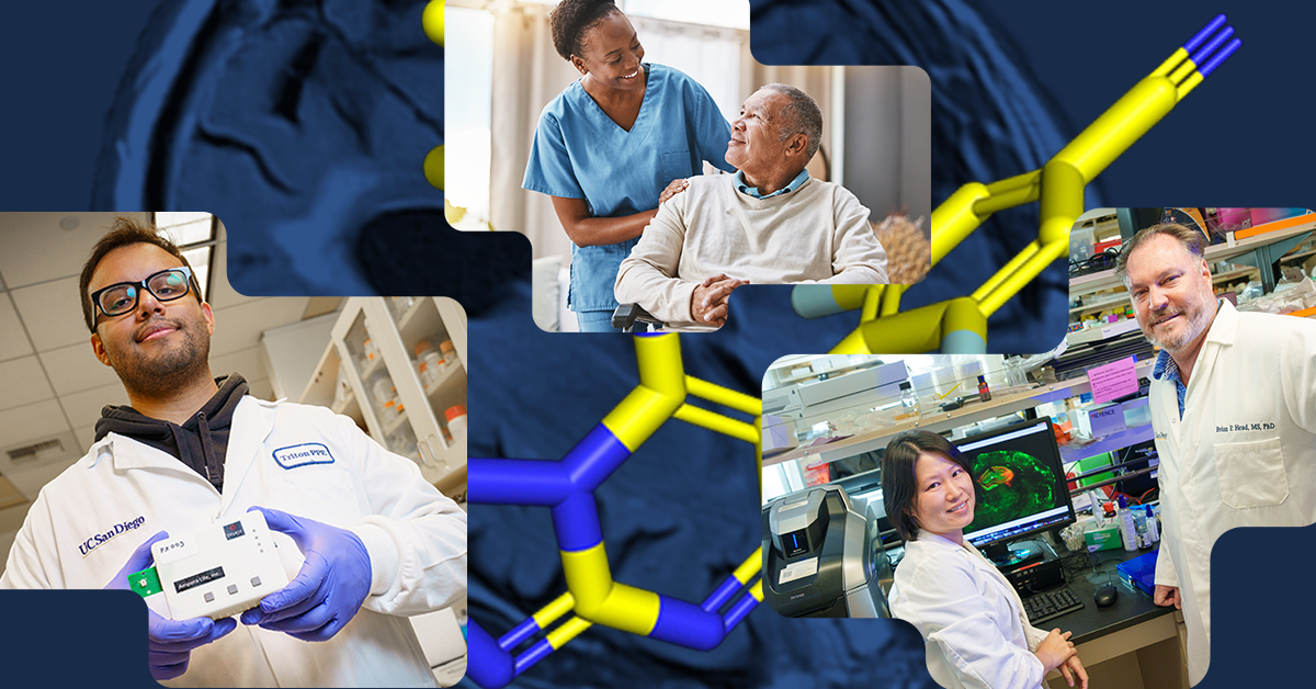 Three images overlay in front of Alzheimer molecule.
