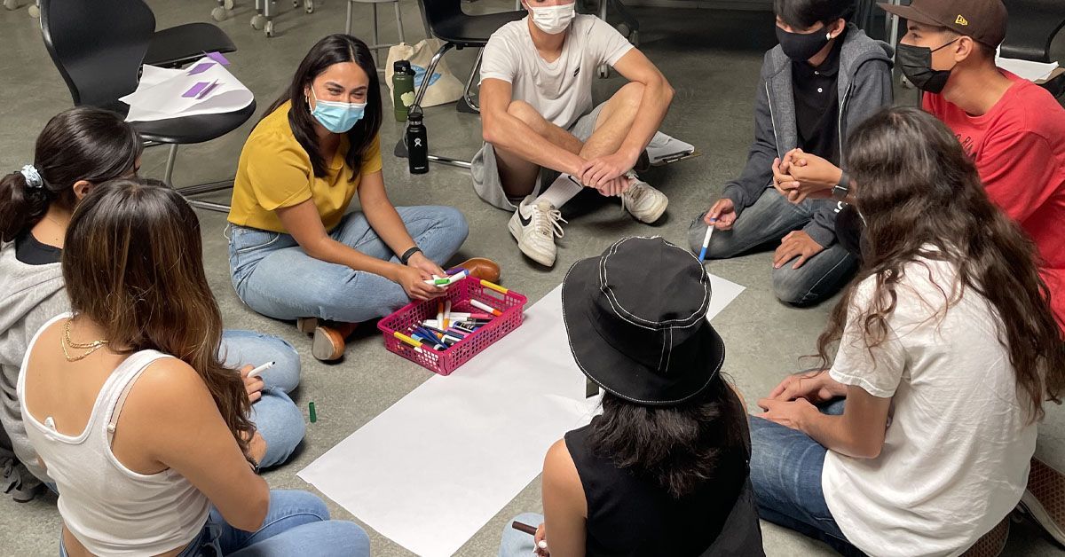 Group of high school students participating in an art project as part of a mental health workshop. 