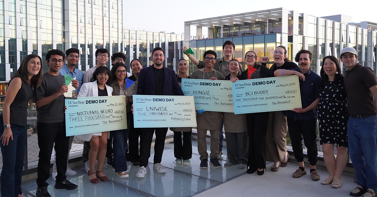 The top student innovators at The Basement's Demo Day 2025 Pitch Competition gather to celebrate their success. 