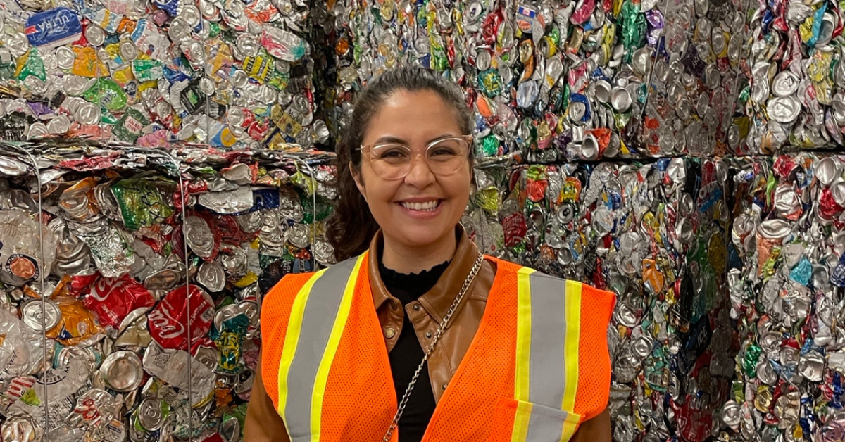 Elizabeth Lin, a zero-waste manager at UC San Diego, at a high volume recycling center where she was overseeing the recycling process. (Photo courtesy of Elizabeth Lin)