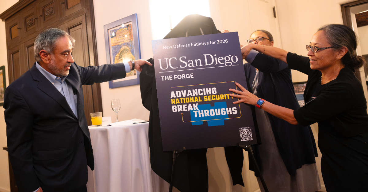 On January 27, 2026, Chancellor Pradeep K. Khosla unveiled the launch of the FORGE poster on a easel alongside Rachel Costello, launch lead for the FORGE during a reception with military leaders. 