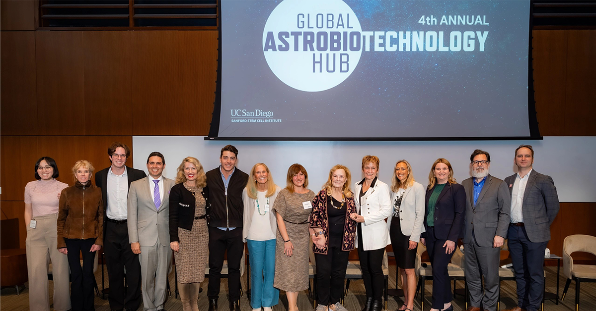 Presenters at the fourth-annual UC San Diego Sanford Stem Cell Institute (SSCI) Global Astrobiotechnology Hub seminar March 2 in La Jolla, California, from left: Jessica Pham, stellar mission specialist, SSCI; Tatiana Kisseleva, MD, PhD, director, SSCI Stem Cell Fitness and Space Medicine Center; Noah Campillo, patient advocate; Alexander Khalessi, MD, MBA, co-director, SSCI Brain Tumor and Neurorestoration Program; Catriona Jamieson, MD, PhD, director, SSCI; Paul Del Vecchio, space and health technology consultant; Jana Stoudemire, chief commercial officer, Innovian Space; Pinar Mesci, PhD, global head of biomanufacturing and biotechnology, Axiom Space; donor Rebecca Moores; Peggy Whitson, PhD, astronaut and vice president of human space flight, Axiom Space; Meghan Everett, PhD, principal scientist, Vast; Jennifer Buchli, International Space Station program chief scientist, NASA; Peter DeVault, vice president, interoperability and genomics, Epic; and Twyman Clements, co-founder and president, Space Tango.