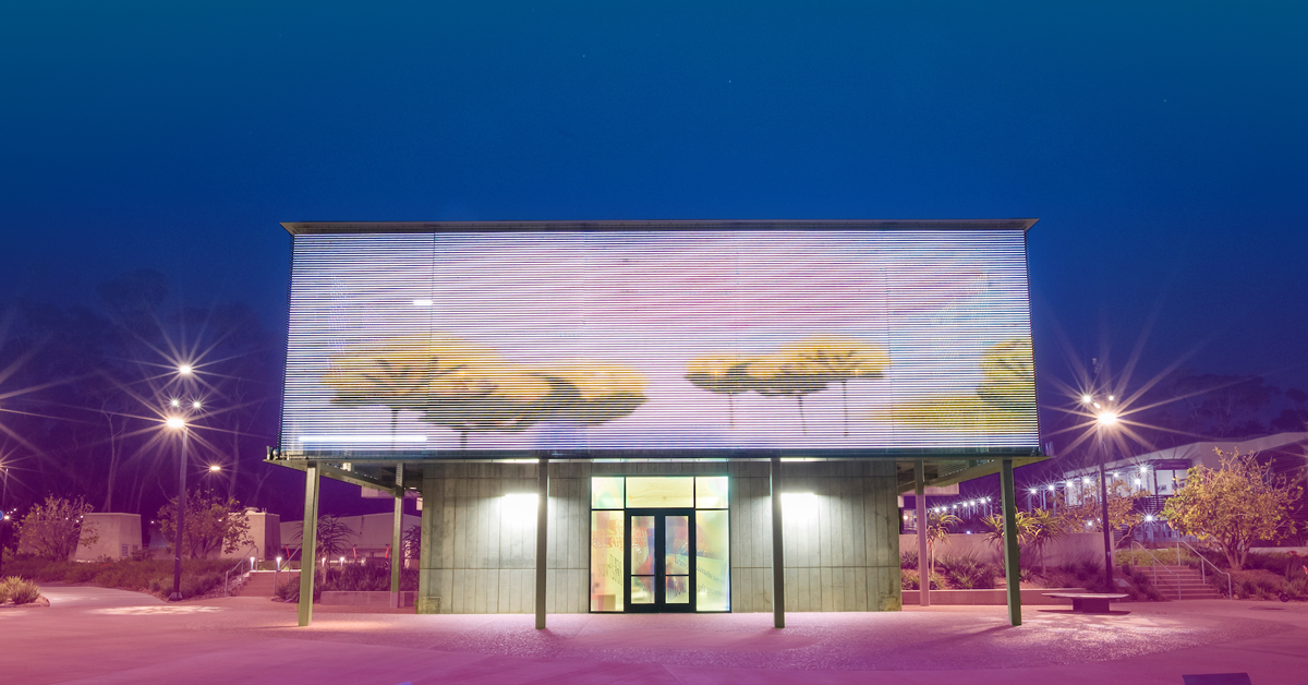 Exterior of Mandeville Art Gallery in the evening