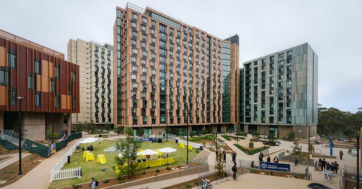 Earth toned buildings that contain student housing, amenities, academic facilities and green space make up UC San Diego's newest community, Ridge Walk North Living and Learning Neighborhood. 