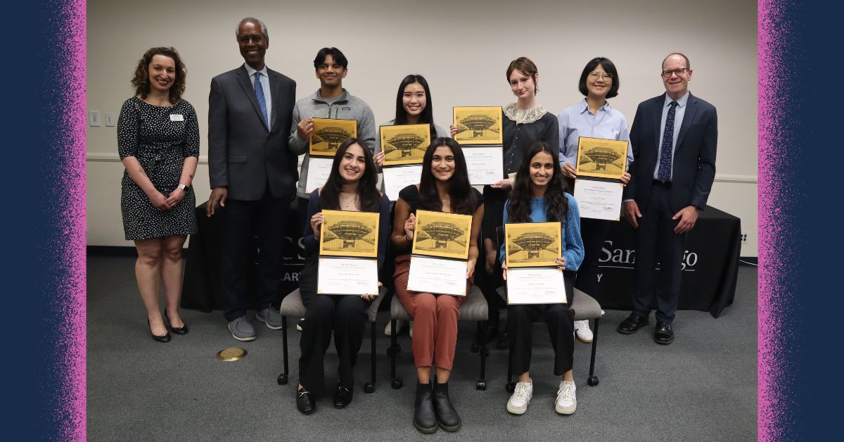 Photo of the UC San Diego Library's 2024 Undergraduate Library Research Prize winners with members of campus and Library leadership. 