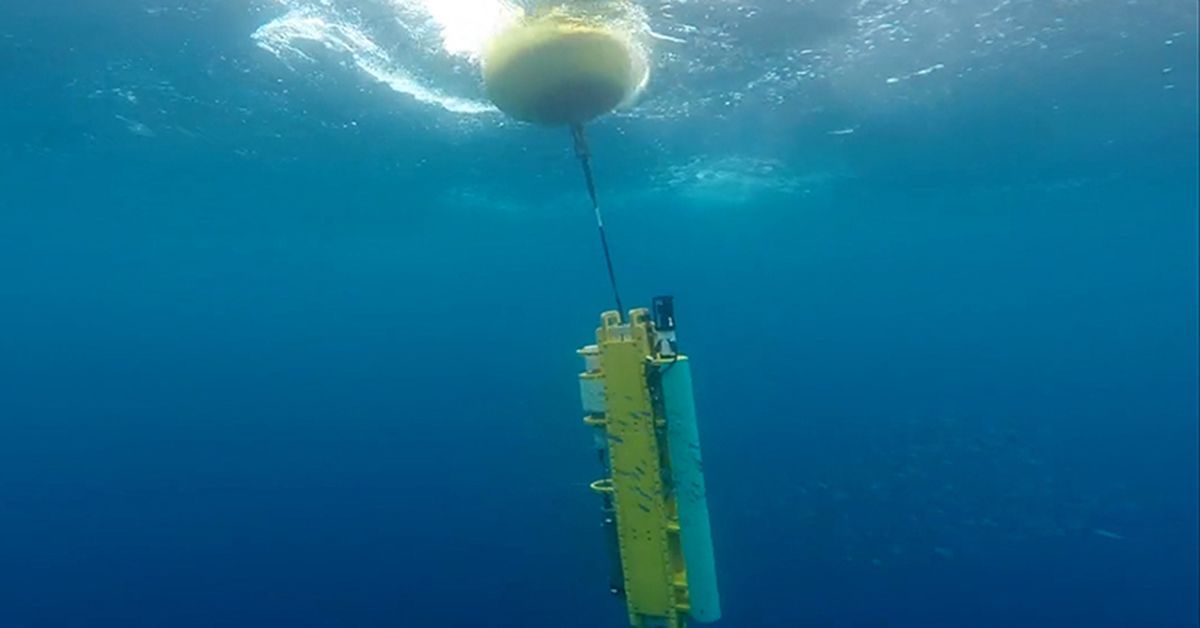 A Wirewalker, a wave-powered profiling system, is deployed offshore.