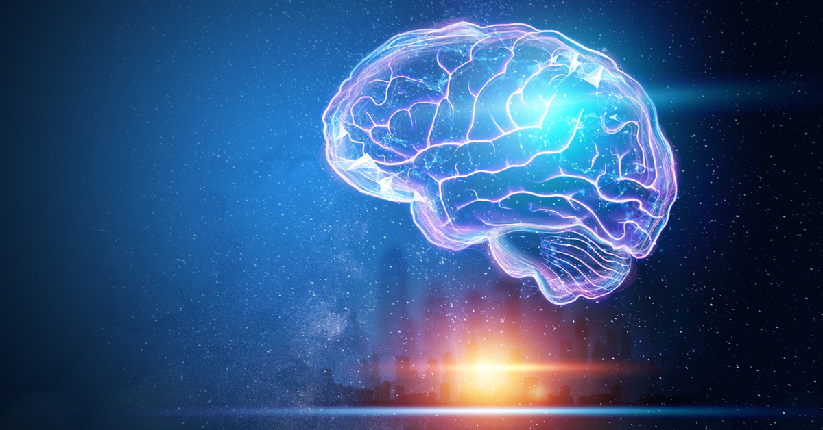 A futuristic-looking brain floating in front of a cityscape