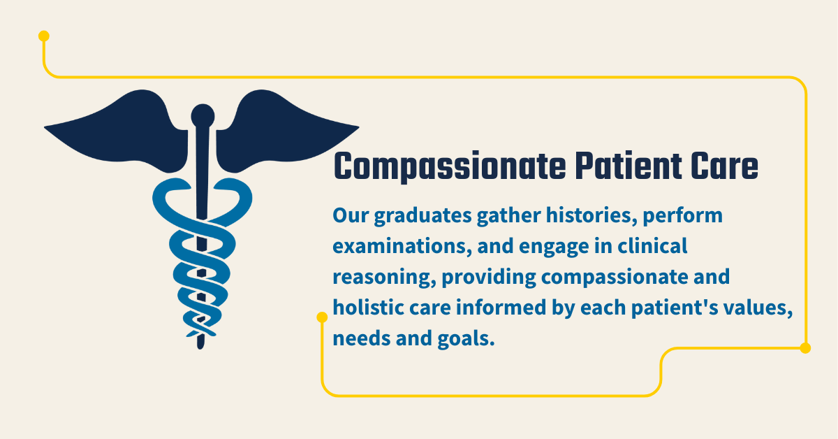 text image: Compassionate Patient Care
Our graduates gather histories, perform examinations and engage in clinical reasoning, providing compassionate and holistic care informed by each patient's values, needs and goals. 
