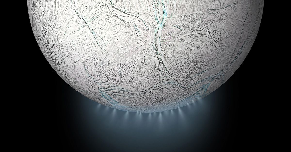 Artistic rendering of ice moon Enceladus with ice plumes ejected into space.