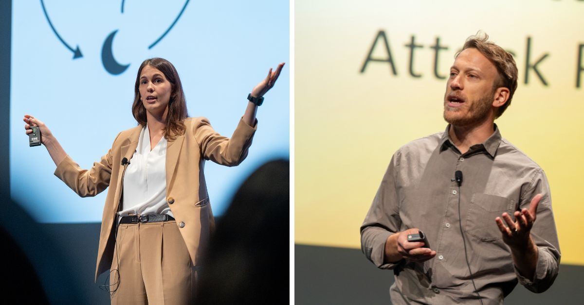 Two images, each of a person gesturing with hands while speaking on stage