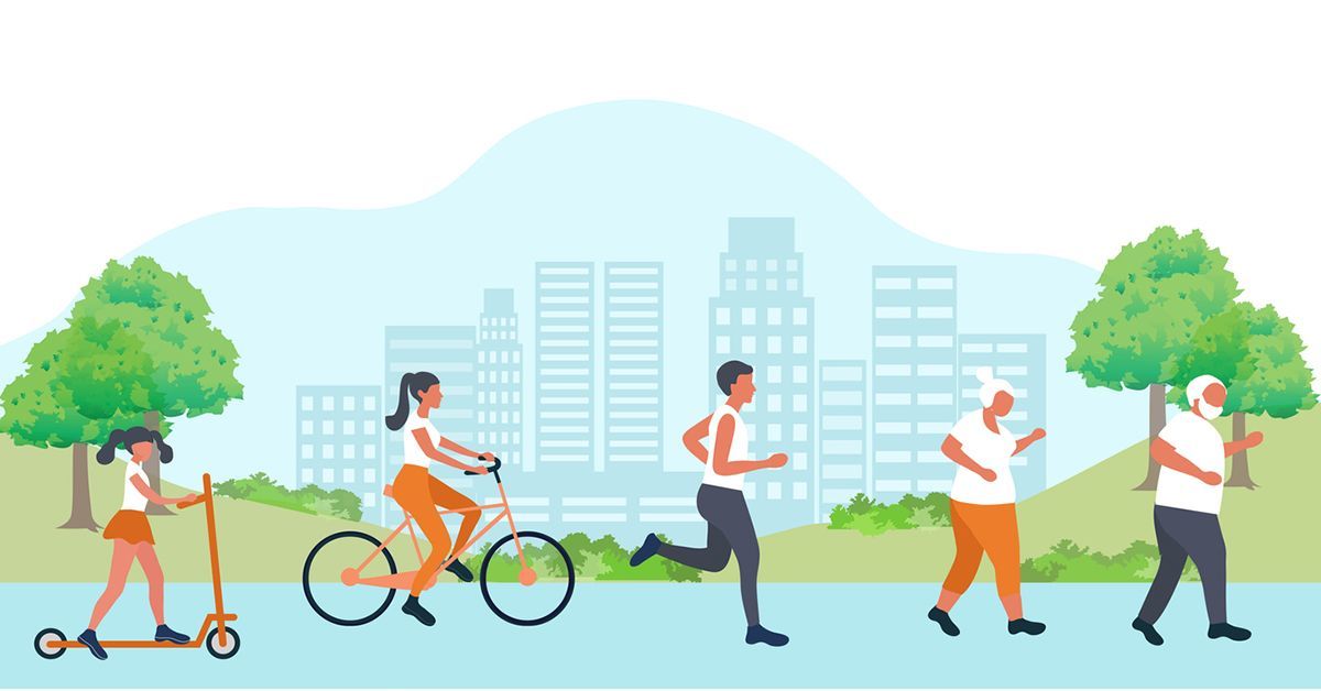 Graphic art of a child on a scooter, a woman on a bicycle, a man running and two elderly people walking in a park with a city landscape in the background