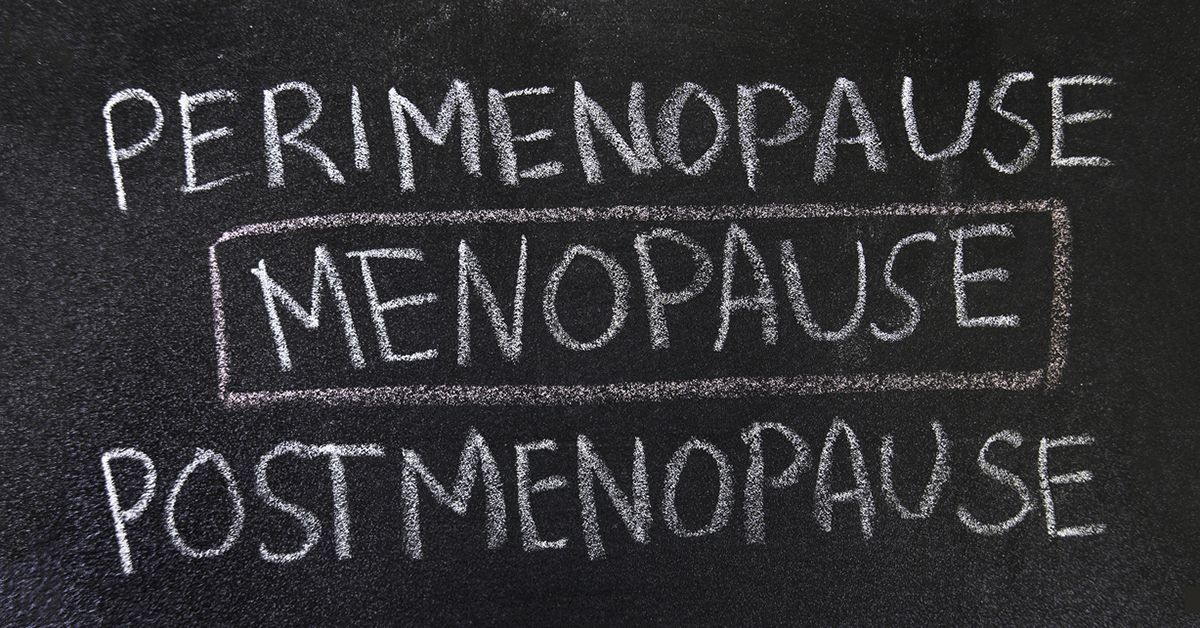 Black chalkboard with words perimenopause, menopause and postmenopause in white chalk.