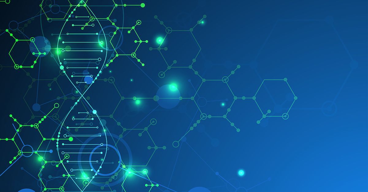 graphic illustration of DNA double helix with array of hexagons around it