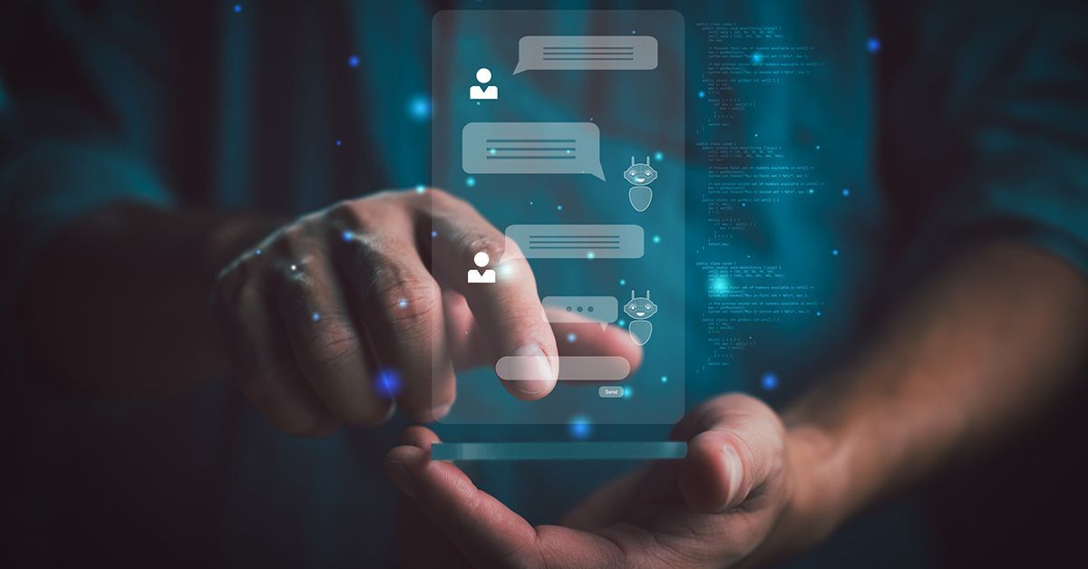 A pair of hands holds a rendering that resembles a chatbot interface on a smartphone