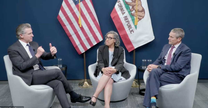 California Governor Gavin Newsom confers with Liane Randolph of the California Air Resources Board and Wade Crowfoot of the California Natural Resources Agency during the CRC2 summit, Feb. 27