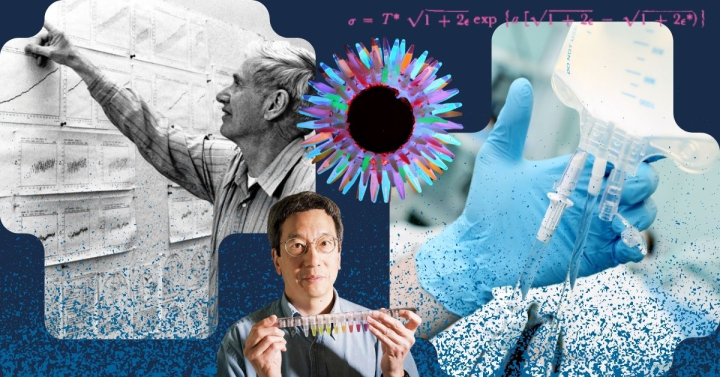 Composite graphic image shows Charles David Keeling pointing at curve documents; Roger Tsien holding GFP in vials; Fung's Law equation; a gloved hand holding an IV drip bag.