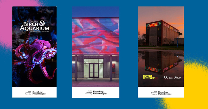 Three screenshots of Bloomberg Connects guides side by side  