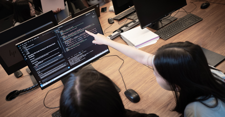 Photo of two students in a computer lab. One of the students is pointing at the screen. 
