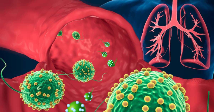 illustrated algae-based microrobots dotted with drug-loaded nanoparticles on their way into the lungs 