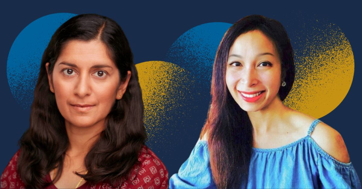 Graphic containing headshots of UC San Diego Library Signature Event speakers Sarina Dahlan and S.B. Divya