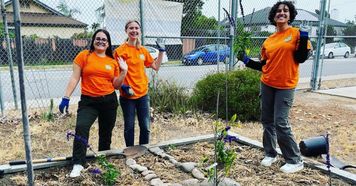 Three students wearing bright orange shirts in front of a garden wave at the camera. 