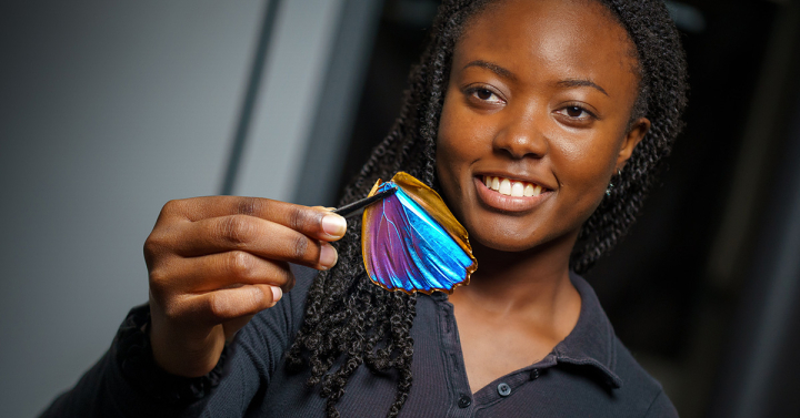 Woman holding bright blue butterfly wings.