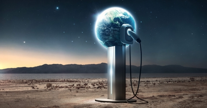 Earth sits on a pedestal with an EV charger plugged into it; the background is a desert rimmed by mountains during a sunrise.