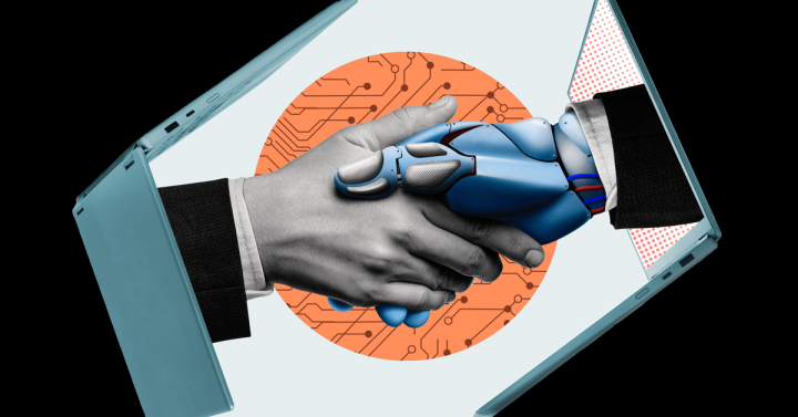 A graphic depicting a human hand shaking a robot hand.