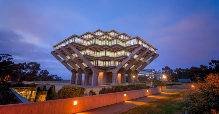 Geisel Library with spring flowers in foreground.