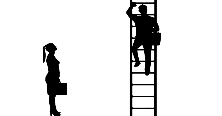 Silhouette vector of workers, a man climbs the career ladder instead of a woman. The concept of gender inequality and discrimination against women in their careers. 