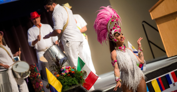 Dancer and drummers at the Latinx Heritage Month celebration at UC San Diego.