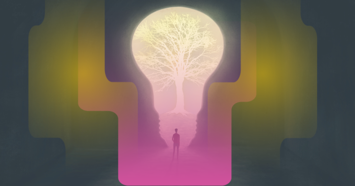 Illustration of a man walking into a large light bulb with a tree in the distance